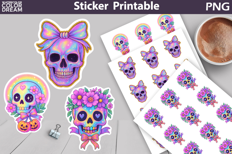 Iridescent Skull Bow Sticker| Halloween Skull Floral Sticker