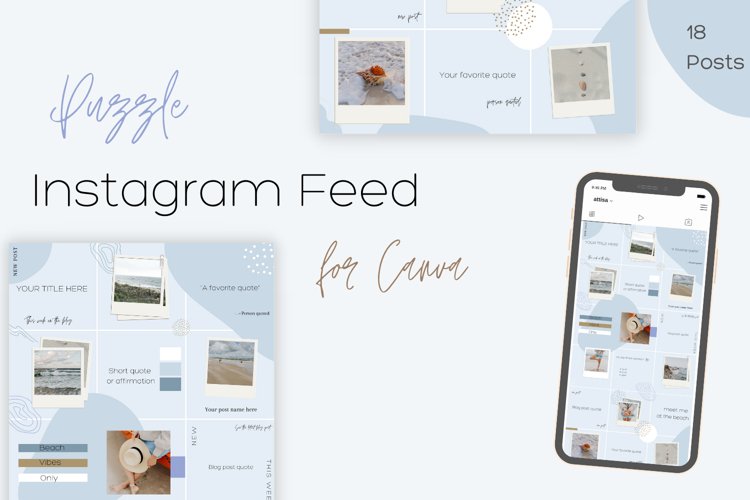 Mockup Image for Blue Beach Themed Instagram Canva Feed. Uses Script fonts and mockup images to display products