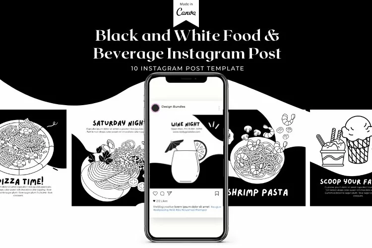 Black and White Food and Beverage Instagram Canva Template