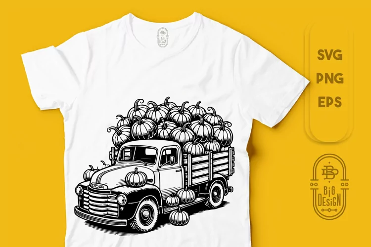 Vintage Truck with Pumpkins Illustration | Halloween SVG