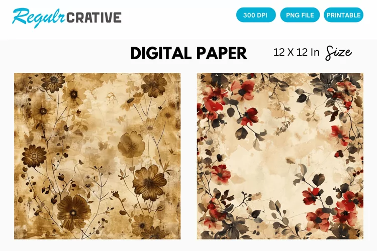 Vintage Watercolor Brown Flower Digital Paper