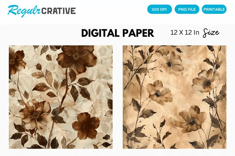 Vintage Watercolor Brown Flower Digital Paper