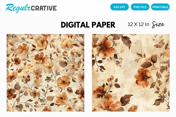 Vintage Watercolor Brown Flower Digital Paper