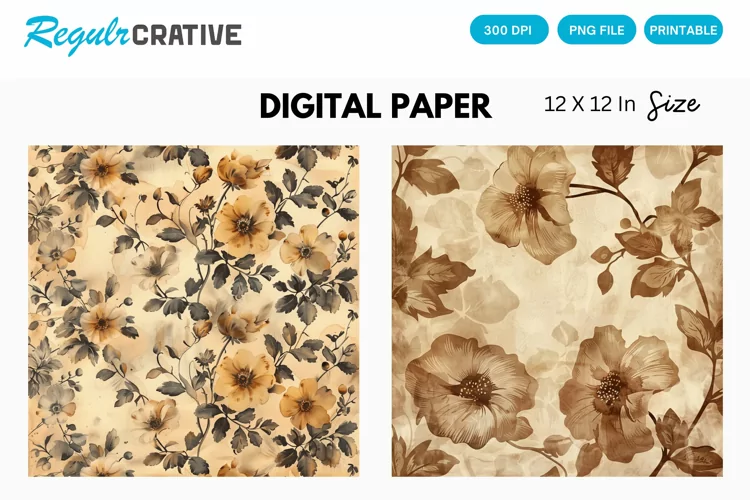 Vintage Watercolor Brown Flower Digital Paper