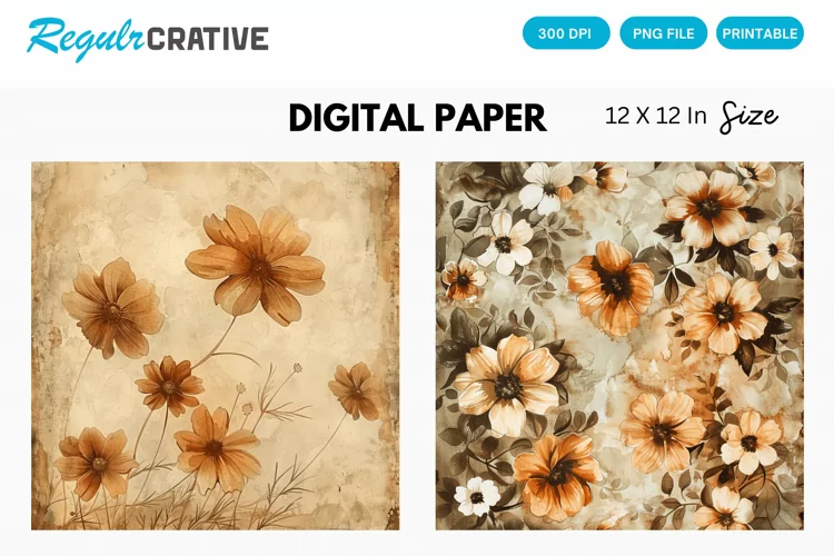 Vintage Watercolor Brown Flower Digital Paper