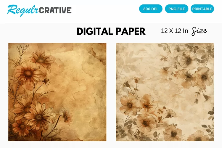 Vintage Watercolor Brown Flower Digital Paper