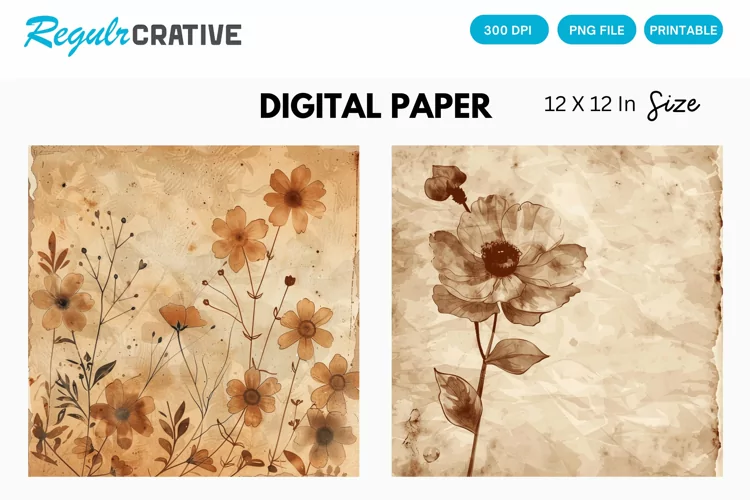 Vintage Watercolor Brown Flower Digital Paper
