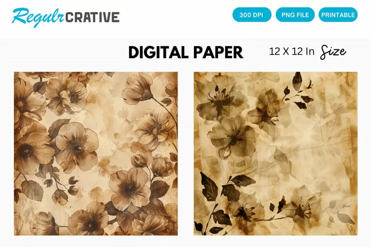 Vintage Watercolor Brown Flower Digital Paper