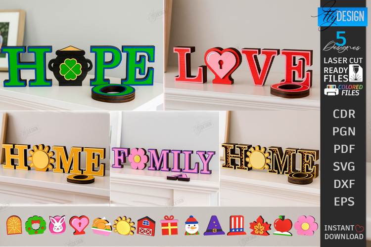 Interchangeable Home Stands Laser Cut Bundle|Word Signs SVG