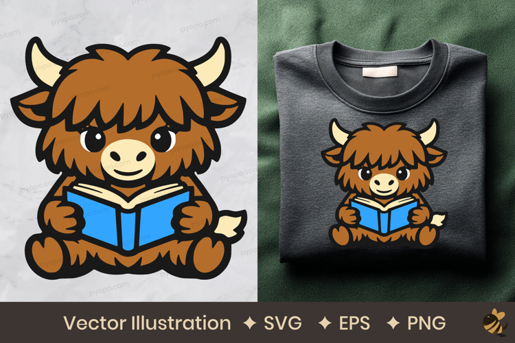 Cute Cow High Land Reading Book Vector Illustration