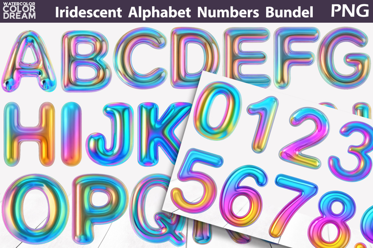 Iridescent Alphabet & Numbers | 3D Balloon Rainbow Clipart