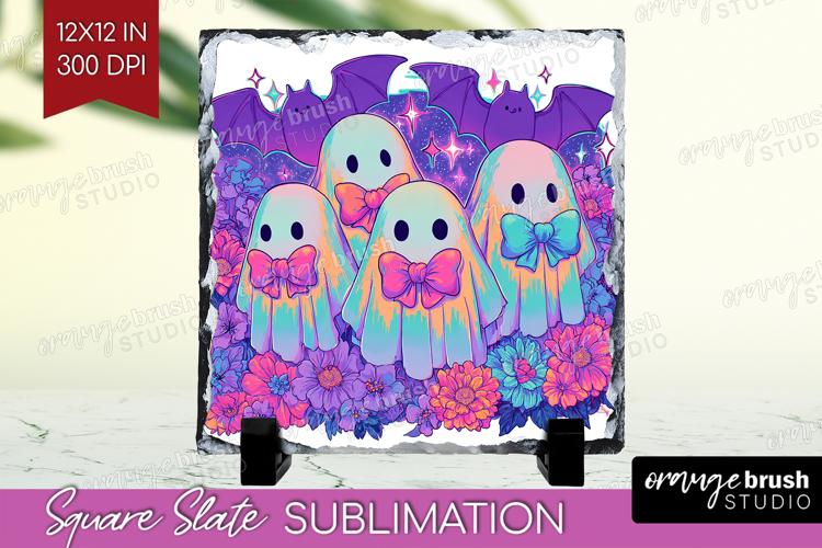 Iridescent Ghost Halloween Slate PNG Spooky Season Square