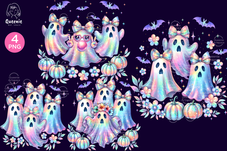 Iridescent Halloween Ghost Holographic Neon Glow Boo Png