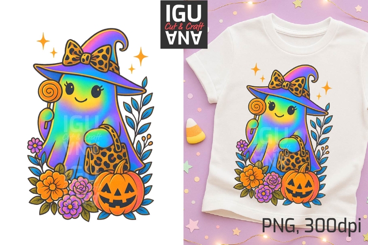 Iridescent Halloween Ghost with Leopard Bow and bag PNG