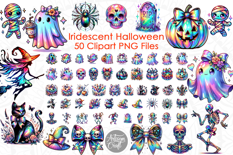 Iridescent Halloween Clipart, Halloween ghost, Coquette bow