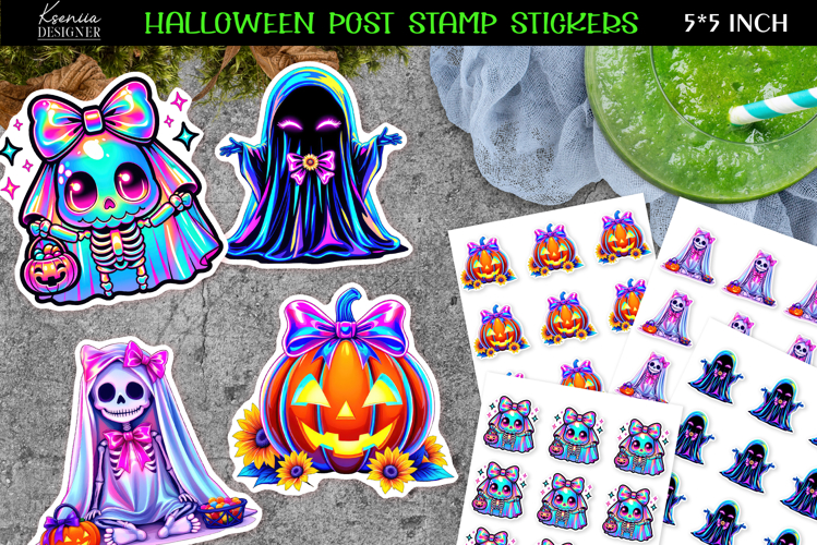 Neon iridescent Halloween Stickers|Skeleton|Ghost