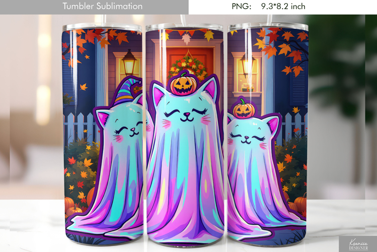 Halloween Neon Iridescent Cat Ghost Tumbler Sublimation