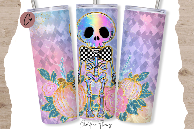 Iridescent Skeleton Halloween Tumbler Wrap PNG