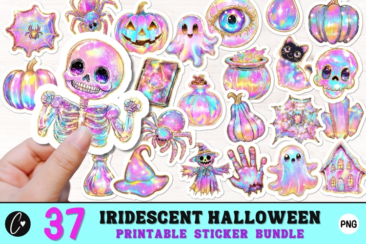 37 Iridescent Halloween Sticker Bundle PNG
