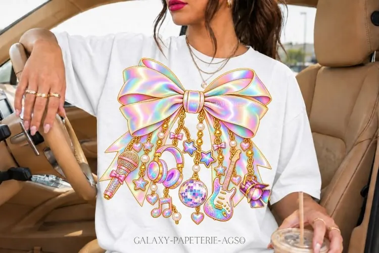 Iridescent Music Bow PNG with Guitar and Disco Ball Charms