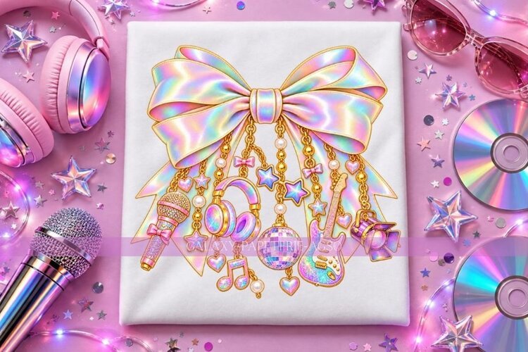 Iridescent Music Bow PNG with Guitar and Disco Ball Charms example image 1