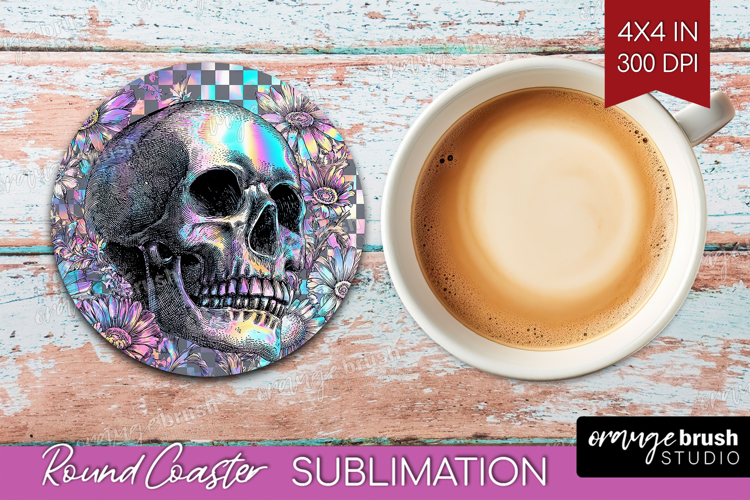 Iridescent Skull Halloween Round Coaster Spooky Season PNG