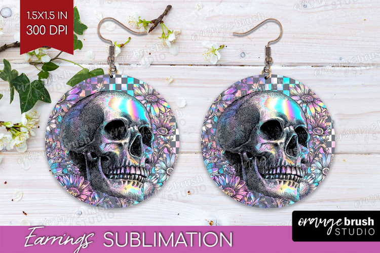 Iridescent Skull Halloween Round Earrings Spooky Season PNG