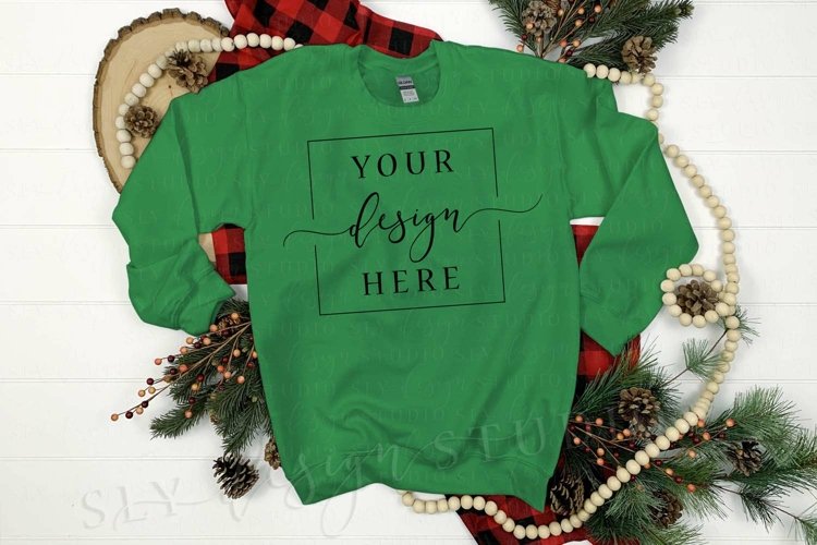 Christmas Sweatshirt Mockup Irish Green Gildan 18000 example image 1