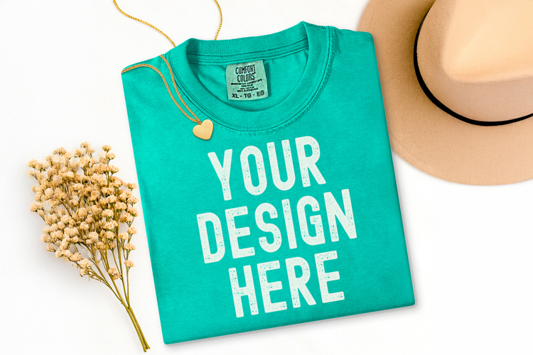 Comfort Colors C1717 Island Green Shirt Mockup, Flat Lay