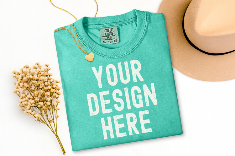 Comfort Colors C1717 Island Reef Shirt Mockup, Flat Lay