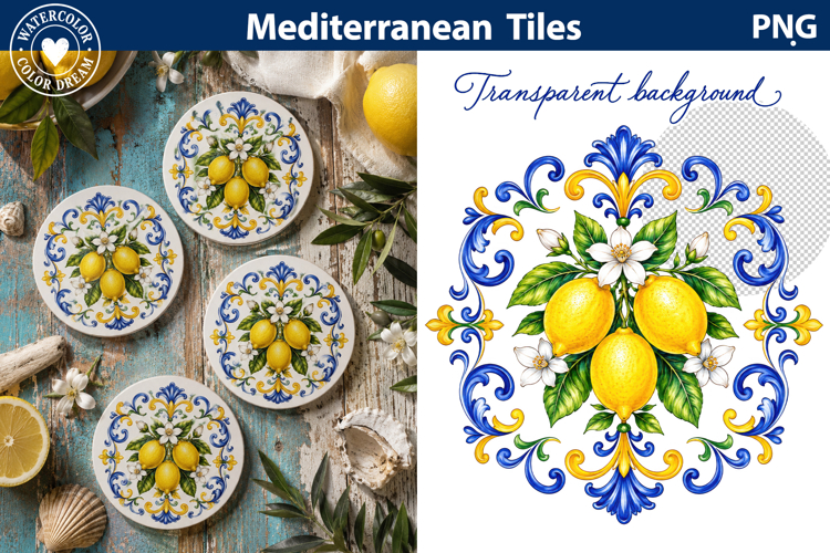 Mediterranean Lemon Blue Tile Art | Italian Sublimation