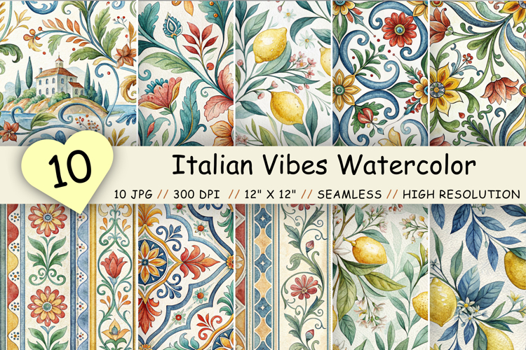 Italian Vibes Watercolor Seamless Pattern, Mediterranean
