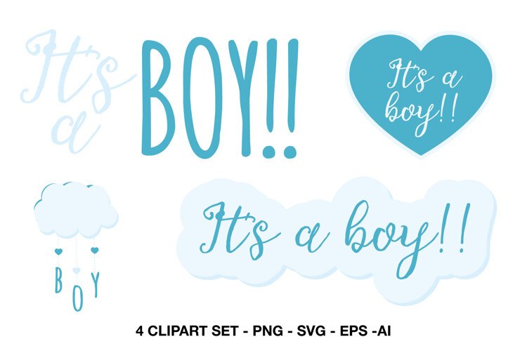 Four blue It's a Boy clipart designs with typography, heart and cloud decorations