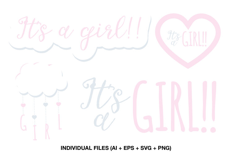Four pastel It’s a Girl clipart designs for baby shower and gender reveal projects