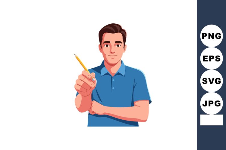 Man in blue shirt holding pencil pointing forward confident