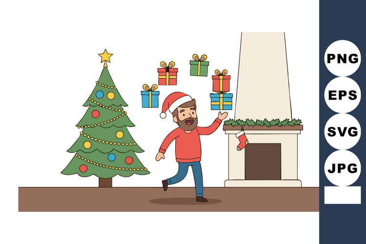 Man celebrating Christmas near decorated tree and fireplace