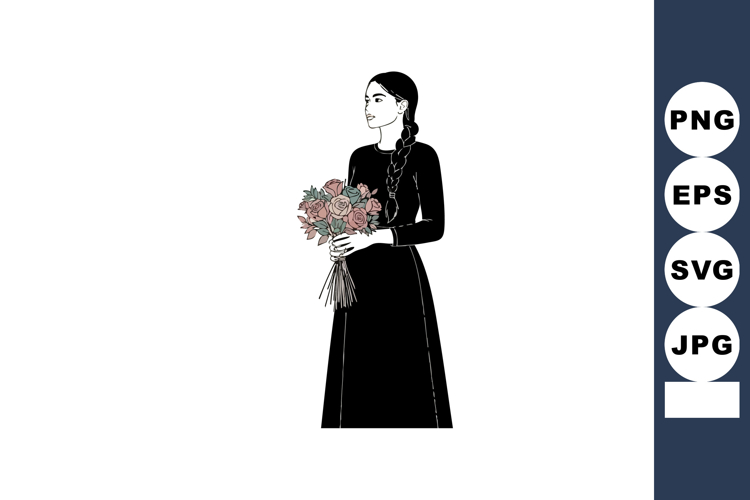 Woman holding bouquet of flowers in black dress standing vec