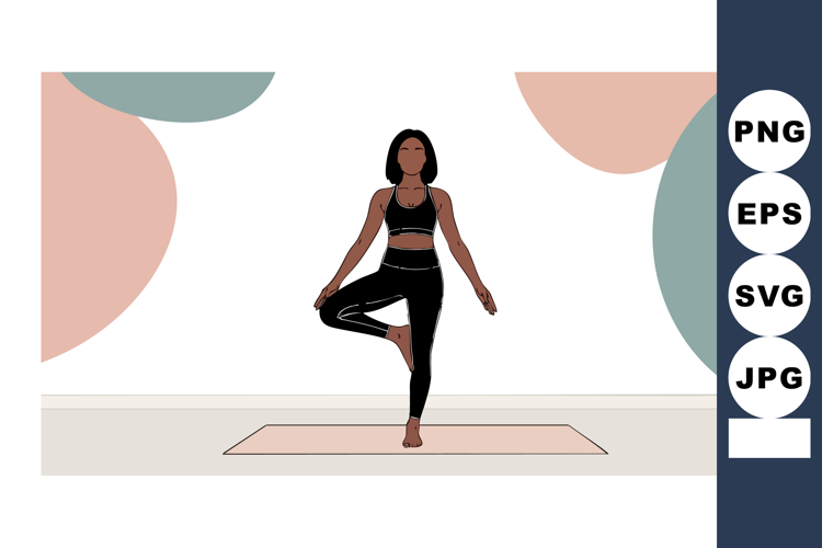 Woman practicing yoga balance pose on mat with abstract back