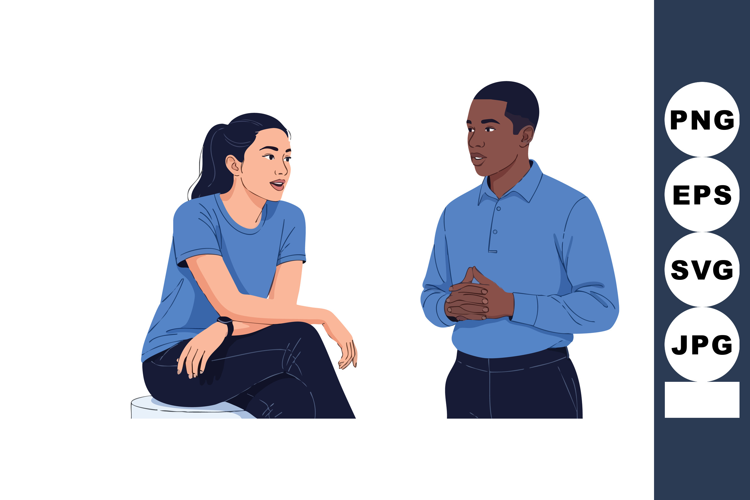 Young man and woman having conversation in casual blue cloth