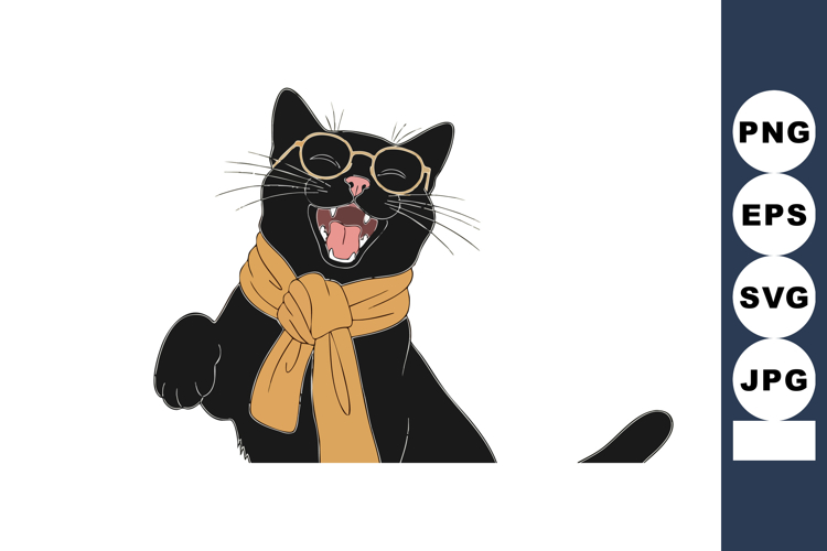 Black cat wearing glasses and scarf joyful expression vector