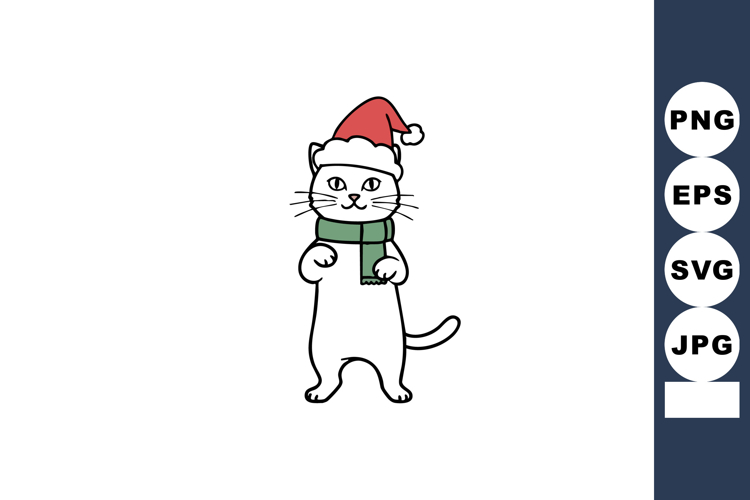Cat wearing red santa hat and green scarf standing festive w