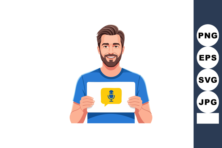 Man holding sign with microphone icon speech bubble in blue