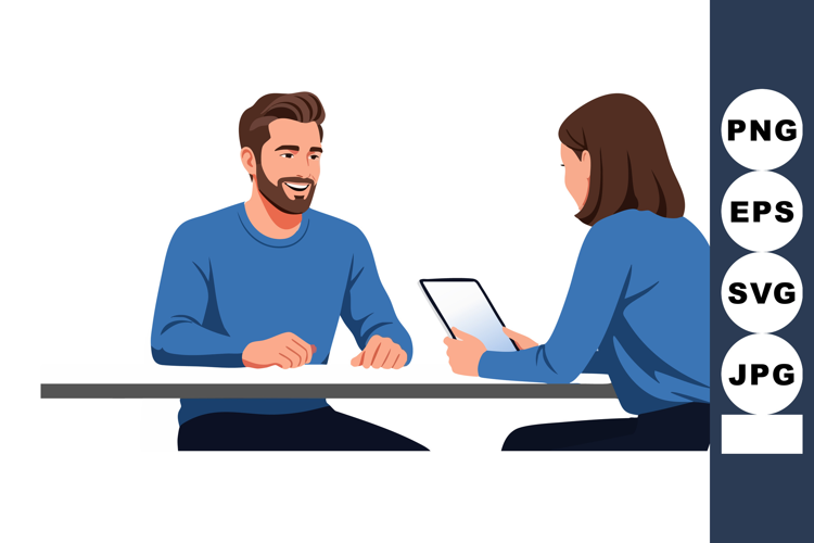 Business meeting between man and woman discussing digital ta