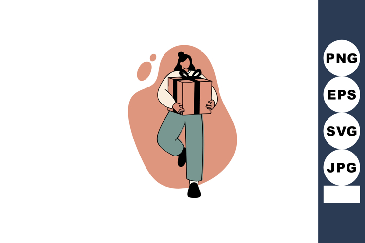 Woman carrying large gift box walking forward with abstract example image 1