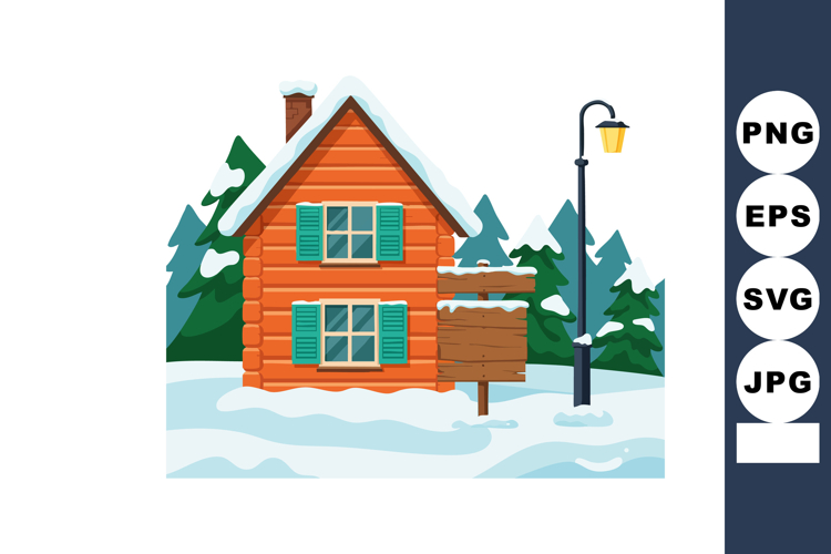 Winter season wooden cabin house with green shutters surroun
