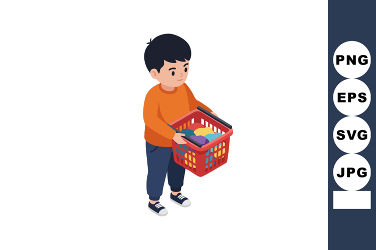 Boy carrying shopping basket with groceries in casual clothe