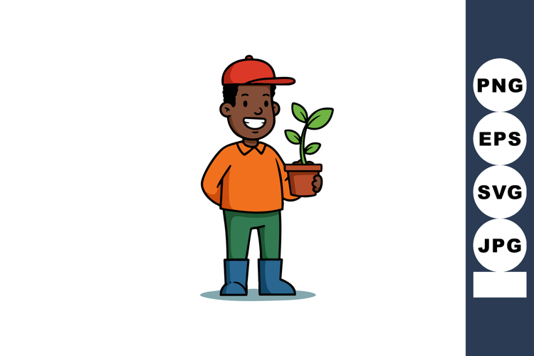 Young boy holding potted plant smiling wearing red cap orang