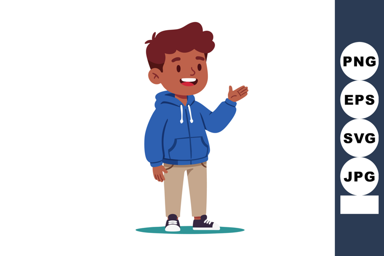 Boy wearing blue hoodie gesturing with hand happy expression