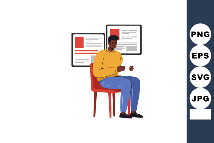 Young man sitting on chair reading documents with informatio