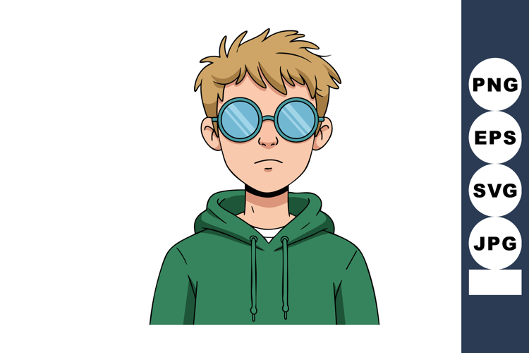Young man wearing round blue glasses and green hoodie with s
